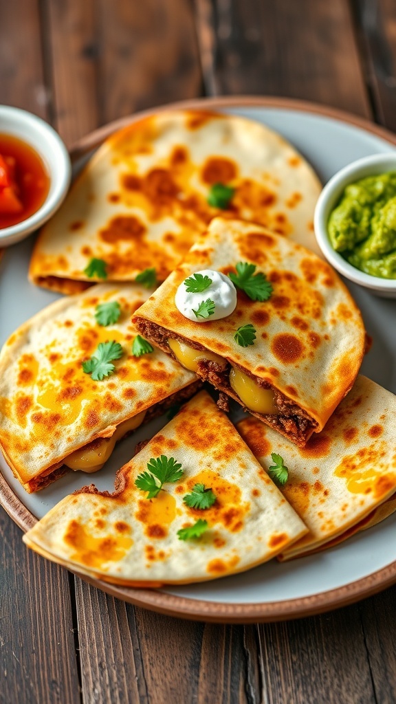 Beef Quesadilla Recipe Golden brown beef quesadillas cut into wedges, served with sour cream, salsa, and guacamole on a rustic table.